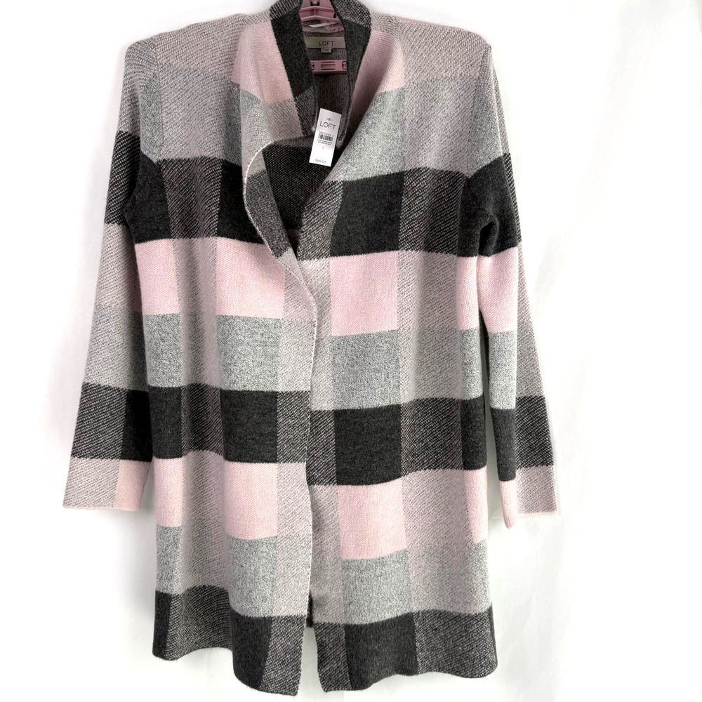 NWT Loft Long Cardigan Sweater Check Soft Stretch Cozycore Casual Modern L $100